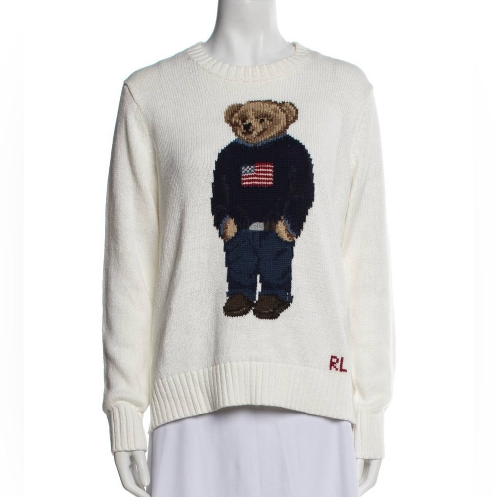 POLO RALPH LAUREN BEAR LINEN COTTON CREWNECK SWEATER IN DECKWASH WHITE MULTI - Picture 8 of 11